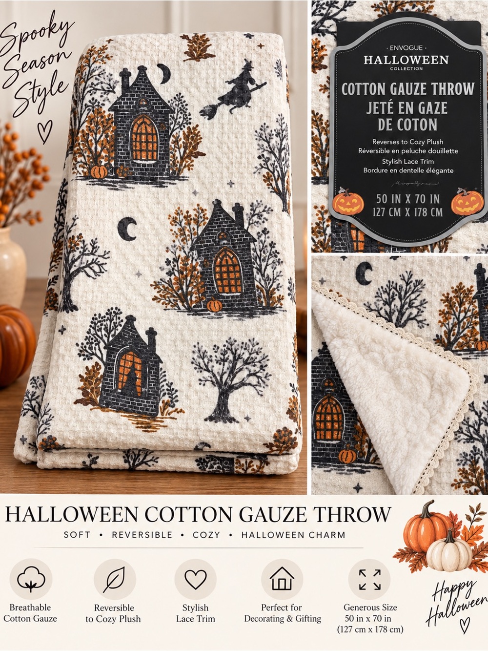 Envogue Halloween Cotton Gauze Throw - Cream, Orange & Black